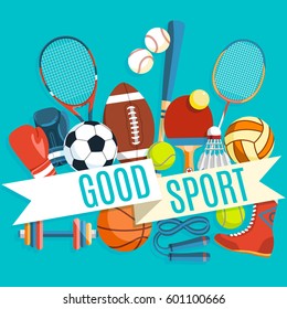 Set of colorful sport balls and gaming items at a blue background. Inscription GOOD SPORT. Healthy lifestyle tools, elements. Vector Illustration