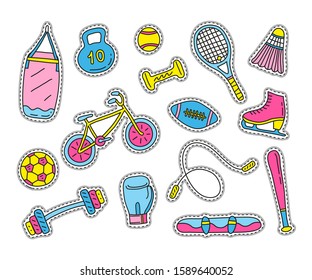 Set of colorful sport doodle stickers isolated on white background.