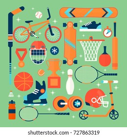 Set of colorful sport icons.Isolated vector objects.Tourism, sport, fitness and a healthy lifestyle. Vector flat illustration