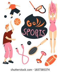 set of colorful sport inventory doodles, swimming girl and basketball player