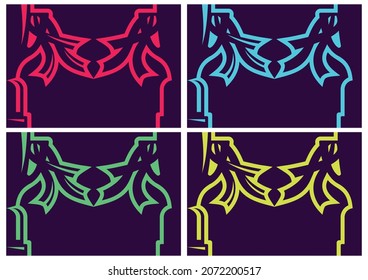 Set of colorful sports backgrounds with a cup on a long pedestal with ribbons. Illustration of trophies with red, blue, green and yellow outlines.