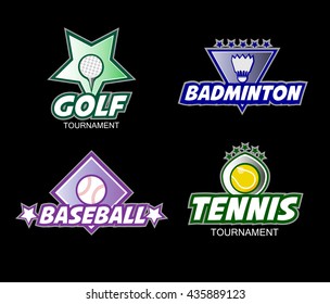 Set of colorful sports logos. Golf, badminton, baseball, tennis. Vector illustration.