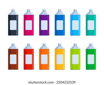 Set of colorful spray paint cans in various shades. Flat vector illustration isolated on white background with copy space. Art supplies and graffiti concept. Perfect for creative projects