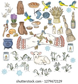 Set of colorful spring doodles. Beginning of spring symbols. Imbolc wiccan holiday sketch doodles. Brigids cross, groundhog, snowdrops, cleaning, sheaf of wheat, lamb, candles svg