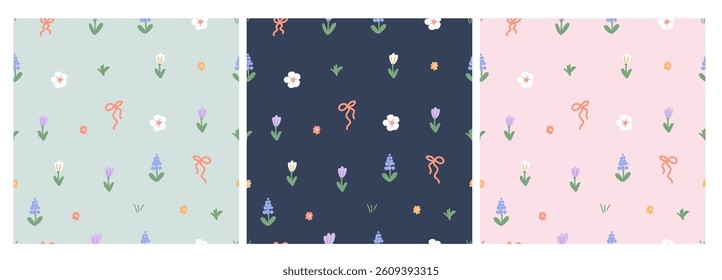 Set of Colorful Spring Flowers Seamless Pattern	