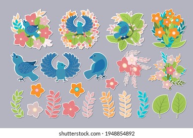 A set of colorful spring stickers with cute birds, twigs, flowers and bouquets on a white background. A collection of icons, stickers, and design elements in one theme and style. Vector illustration.