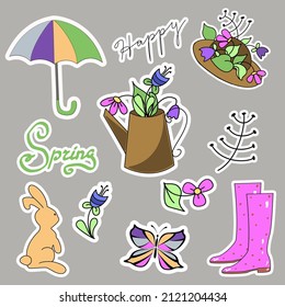 Set of colorful spring stickers drawn by hand.