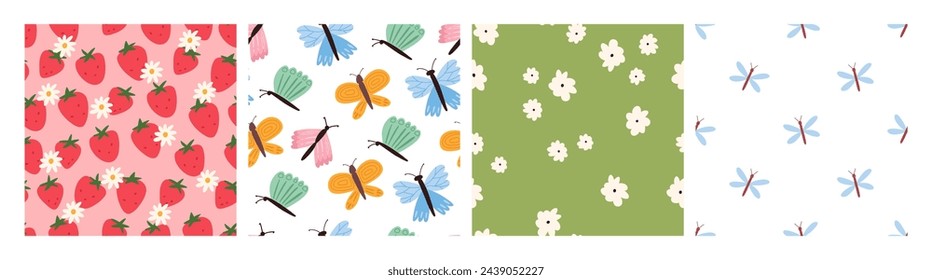 Set of colorful spring and summer seamless patterns, cartoon flat vector illustration. Cute strawberry, butterflies, daisy flowers and dragonfly backgrounds.