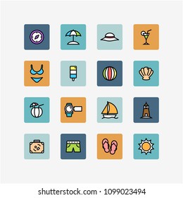 Set of colorful Square background Outline Holidays Summer beach sea Icons vector