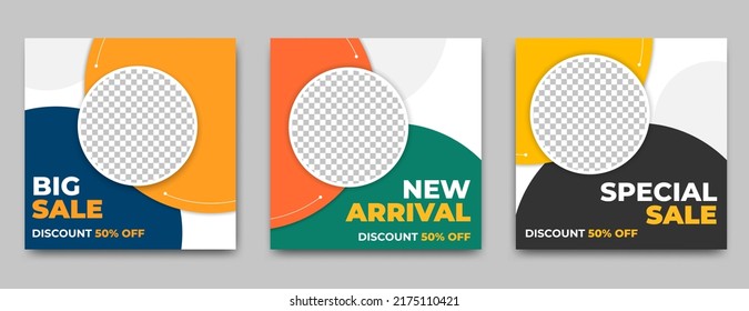 Set Of Colorful Square Banner Template With Circle Photo Collage.