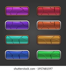 Set of colorful square with broken design glossy buttons set with pressed versions. assets for web or game design, app buttons, icons template, isolated Vector illustration
