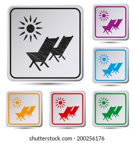 Set of colorful square button.Vector illustration  Beach chair with sun symbol on map pointer
