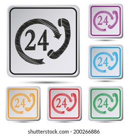 Set of colorful square button.Vector illustration Support and service - around the clock or 24 hours a day. Vector icon