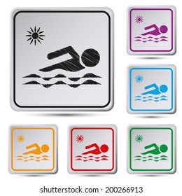 Set of colorful square button.Vector illustration Swimming icon sign