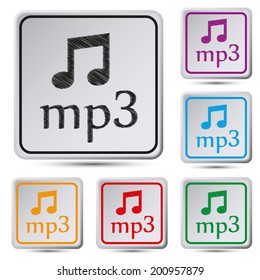 Set of colorful square button.Vector illustration  icon mp3.