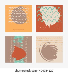 Set of colorful square cards, handdrawn, decorated with liquid ink brush splashes, blots, stripes, strokes and spots. Isolated on background vector branding illustration, stylish, with imperfect parts