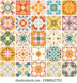 Conjunto de baldosas de cerámica cuadrada coloridas con adornos abstractos. Patrón de retaques sin inconvenientes. Diseño de vectores.
