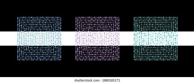Set of colorful square dot shapes, geometric graphic design elements. Dotted patterned text backgrounds, mosaic decorations made of uneven spots, dots, hand drawn blobs, beads. Frame templates.