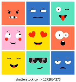 Set of colorful square emoticons, emoji flat backgound vector design