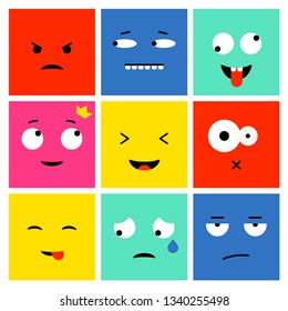 Set of colorful square emoticons, emoji flat backgound vector design. Vector illustration