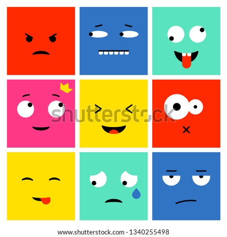 Set of colorful square emoticons, emoji flat backgound vector design. Vector illustration