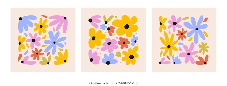 Set of colorful square floral compositions. Vector flat illustration with various abstract flowers