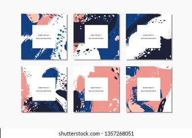 Set of colorful square hand drawn abstract backgrounds with artistic brush strokes and paint stains. Vector design for card, banner or social media post.