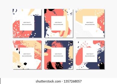 Set of colorful square hand drawn abstract backgrounds with artistic brush strokes and paint stains. Vector design for card, banner or social media post.