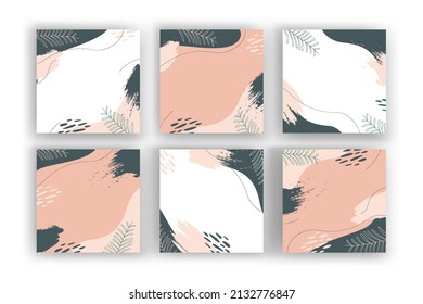 Set of colorful square hand drawn abstract backgrounds with artistic brush strokes and paint stains. Vector design for card, banner or social media post.