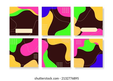Set of colorful square hand drawn abstract backgrounds with artistic brush strokes and paint stains. Vector design for card, banner or social media post.