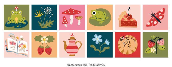 Set of colorful square icons with summer nature elements like frogs, strawberry, mushrooms, flowers, pie, butterfly, book and sleeping cat. Trendy modern vector illustration, hand drawn, flat design