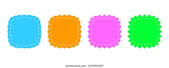 Set or colorful square patches with wiggly borders and stitch lines. Tags, labels, or coupons boxes or stickers with wavy edges isolated on white background. Vector flat illustration.