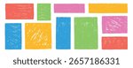 Set of colorful square and rectangle text boxes  with rough crayon texture. Hand drawn geometric shapes in playful, childlike style. Memo frames, sketchy banners, cute stickers and notes. 