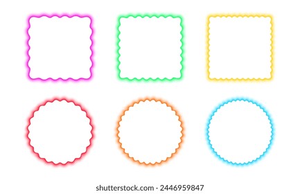 Set of colorful square and round frames with wavy borders. Wiggly shapes with blurry aura effect. Empty text boxes or web banner templates with soft gradient edges. Vector graphic illustration.