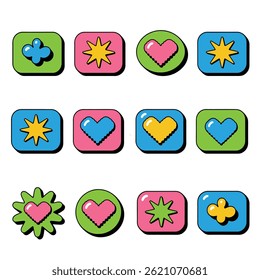 Set of colorful square and round vector buttons with glossy hearts, stars, and abstract shapes in playful designs—great for games, apps, or children’s content.

