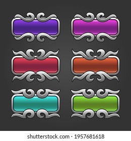 Set of colorful square with silver swirl frame design buttons set with pressed versions. assets for web or game design, app buttons, icons template, isolated Vector illustration