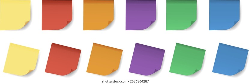 Set of colorful square sticky notes with curled corners in red, yellow, orange, purple, green, and blue. Ideal for reminders, planners, UI design, and scrapbooking