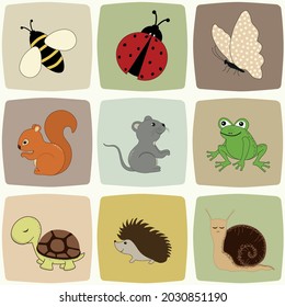 Set of colorful squares with cartoon animals. Drawings for children