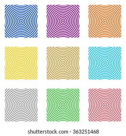 Set of colorful squares composed alternately of colored and white circles like a target on a white background