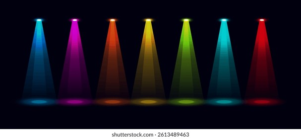 Set of colorful stage spotlights in rainbow spectrum on dark background. Great for concerts, parties, nightclub events, or creative lighting designs in digital compositions.

