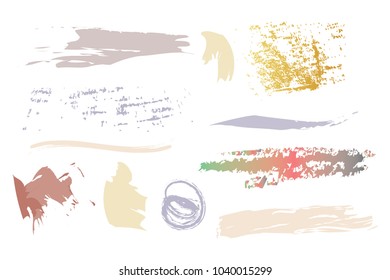 Set of colorful stains and strokes, circles and banners isolated on white background. Freehand drawing.