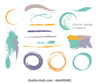 Set of  colorful stains and strokes, circles and banners isolated on white background. Freehand drawing.