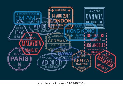 Set of colorful stamp and printing, marks in foreign passport for air travel. Template of seal in visited countries of world, watermarks, international travel document with visas. Vector illustration.