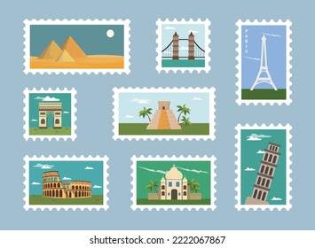 Set of colorful stamps in cartoon style. Vector illustration of postage stamps with different ancient buildings and structures from different parts of the world on a blue background.