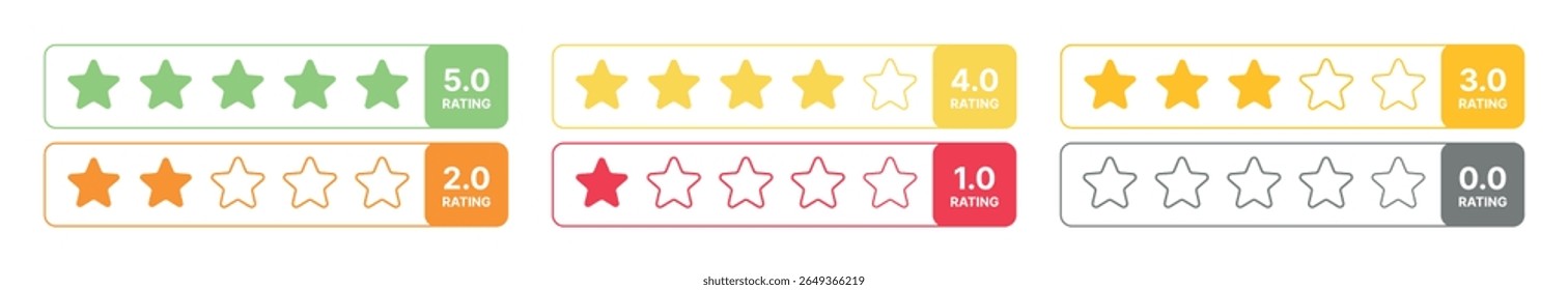 Conjunto de ícones coloridos de classificação de estrelas, de 0,0 a 5,0 em quadros de caixa, barras de pontuação do sistema de comentários multicoloridos para análise do cliente, elementos de IU vetorial isolados em transparente para avaliação e pontuação de qualidade