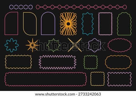 Set of colorful star, sun and arch, rectangle and square, oval and circle icons with scalloped edges. Simple cute forms with curvy borders. Empty tags or labels frames. Vector outline illustration.