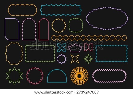 Set of colorful star and sun, arch and rectangle, oval and circle icons with scalloped edges on black background. Simple cute shapes with wavy borders. Empty neon web banners. Vector illustration.