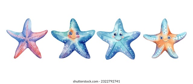 Set of colorful starfish animal watercolor isolated on white background. Vector illustration