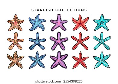 set of colorful starfish mollusc cartoon illustration vector. doodle colored starfish coral illustration collection. element design of colorful sea starfish for kids decoration and merchandise