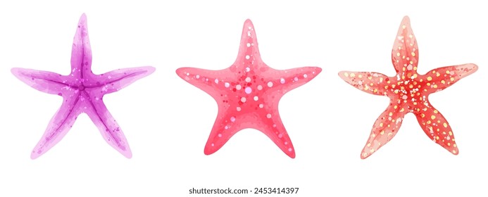 Set of colorful starfish. Vector set of illustrations of sea animals in watercolor style isolated on white